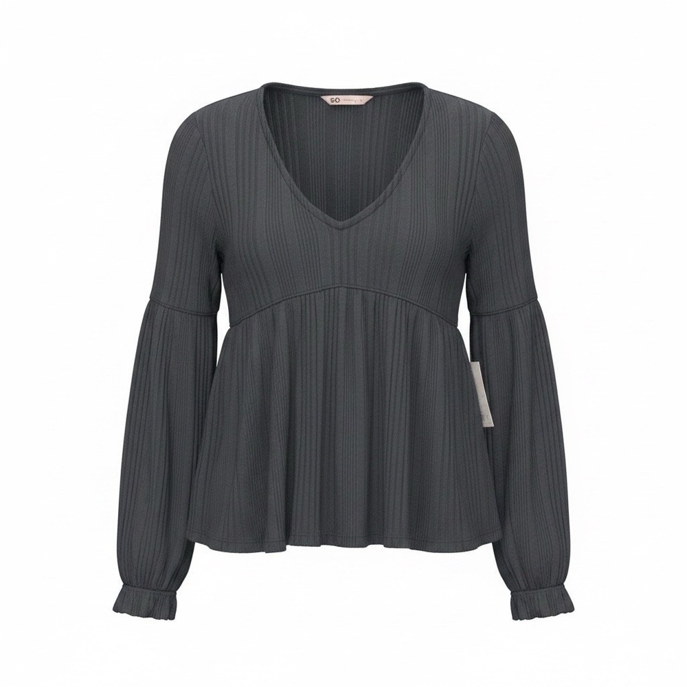 So Womens Ribbed Knit V-Neck Long Sleeve Baby Doll Top XS Whimsigoth